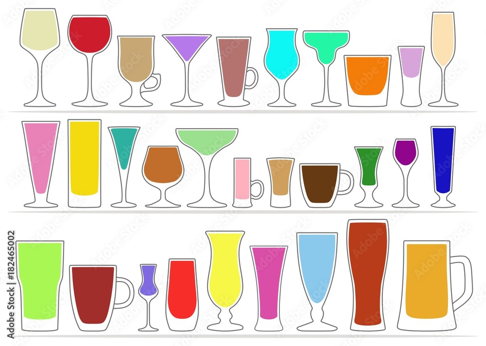 Collection icons of glasses with colored drinks. Vector illustration