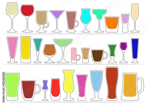 Collection icons of glasses with colored drinks. Vector illustration