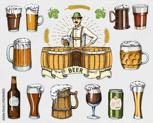 Beer glass, mug or bottle of oktoberfest. engraved in ink hand drawn in old sketch and vintage style for web, invitation to party or pub menu. design element isolated on white background.