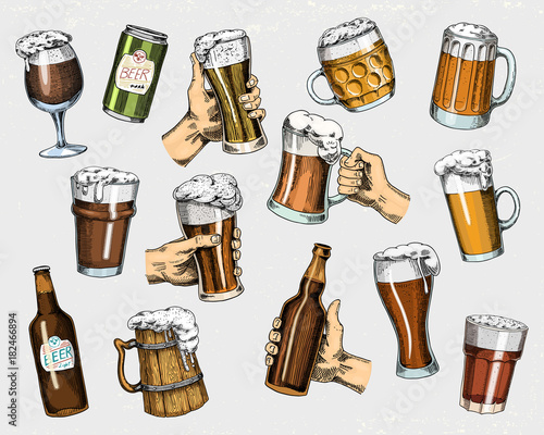 Beer glass, mug or bottle of oktoberfest. engraved in ink hand drawn in old sketch and vintage style for web, invitation to party or pub menu. design element isolated on white background.