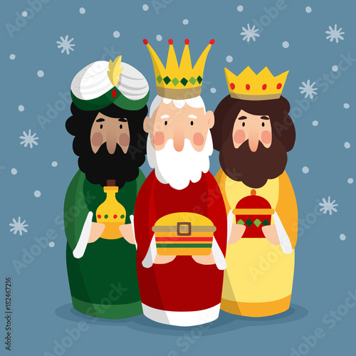 Cute Christmas greeting card, invitation with three magi. Biblical kings Caspar, Melchior and Balthazar. Vector illustration background with stars and falling snow.