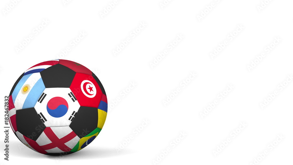 Obraz premium Football ball featuring different national teams accents flag of South Korea. 3D rendering