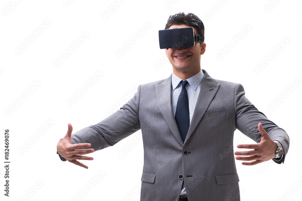Businessman wearing virtual reality VR glasses isolated on white Businessman wearing virtual reality VR glasses isolated on white