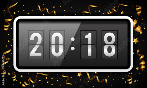 Happy New Year background vector illustration with gold confetti and ribbons. Digital countdown timer with 2018 numbers flip clock. Flip calendar changes to another new year