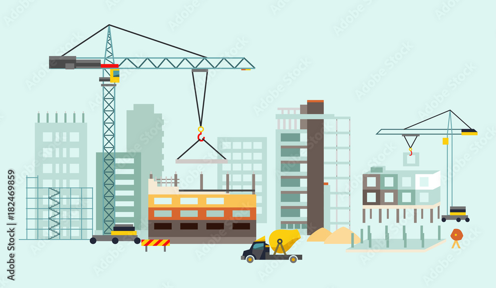 Building work process with houses and construction machines. Vector illustration Building work process with houses and construction machines. Vector illustration