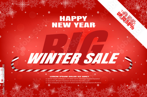 Vector wide red poster for Happy New Year Big winter sale on the background with snowflakes pattern, white ribbon and striped lollipops.