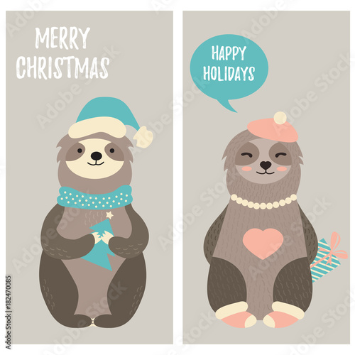 Set of Christmas card with two funny sloths in winter clothes