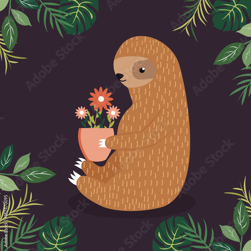 Cute sloth with a pot of flowers