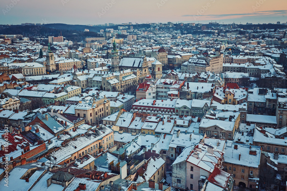 Scenic winter night snowy aerial view of the Old Town architecture