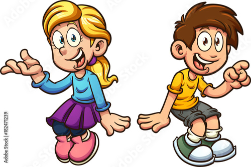 Cartoon boy and girl sitting next to each other. Vector clip art illustration with simple gradients. Each on a separate layer. 
