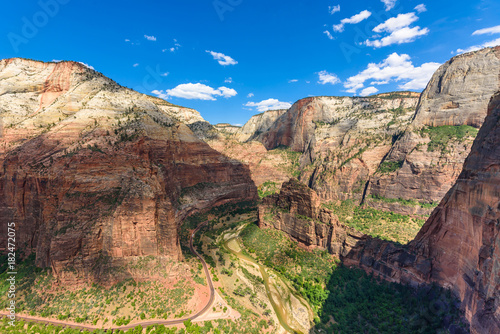 View of Zion Canyon and Virgin River, Beautiful scenery in Zion National Park along the Angel's Landing trail, Utah, USA