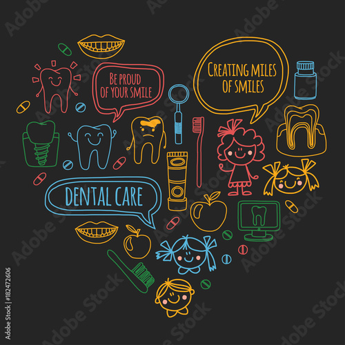 Children's denistry School, kindergarten, nursery kids with healty teeth. Smiles, toothbrushes, medicine Happy boys and girls Dental treatment without pain