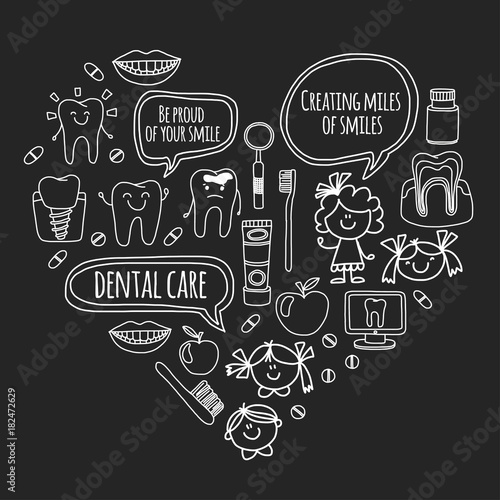 Children's denistry School, kindergarten, nursery kids with healty teeth. Smiles, toothbrushes, medicine Happy boys and girls Dental treatment without pain