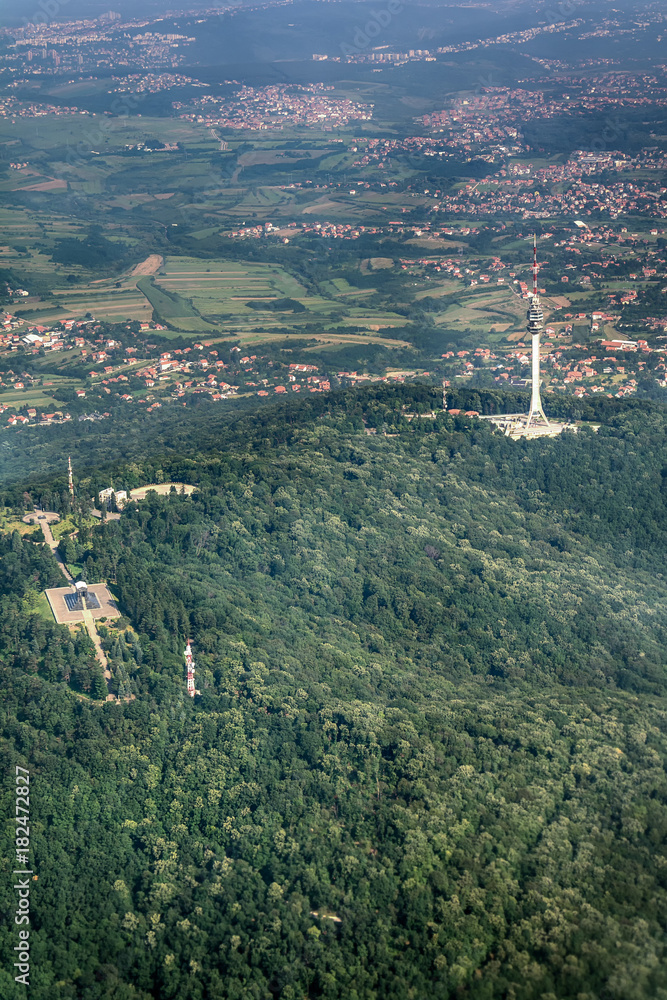 Mount Avala and tv tower in Belgrade seen from the plane