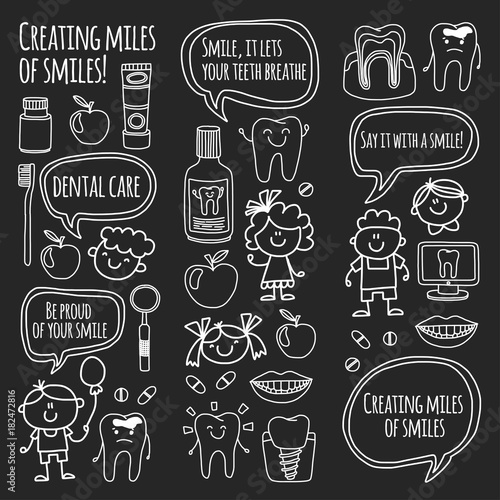 Children's denistry School, kindergarten, nursery kids with healty teeth. Smiles, toothbrushes, medicine Happy boys and girls Dental treatment without pain