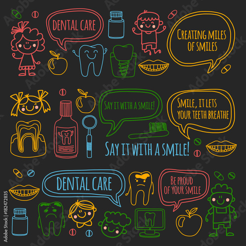 Children's denistry School, kindergarten, nursery kids with healty teeth. Smiles, toothbrushes, medicine Happy boys and girls Dental treatment without pain