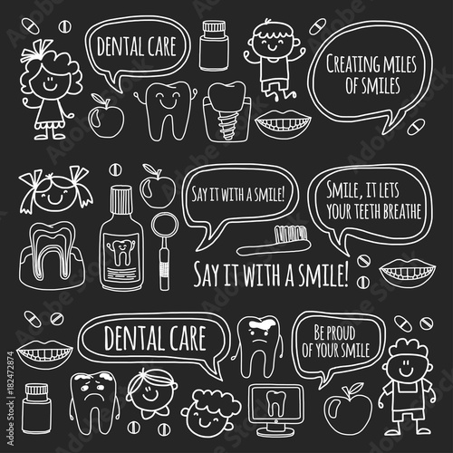 Children's denistry School, kindergarten, nursery kids with healty teeth. Smiles, toothbrushes, medicine Happy boys and girls Dental treatment without pain