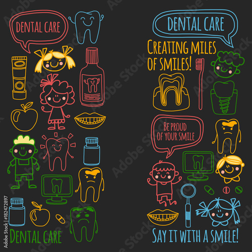 Children's denistry School, kindergarten, nursery kids with healty teeth. Smiles, toothbrushes, medicine Happy boys and girls Dental treatment without pain