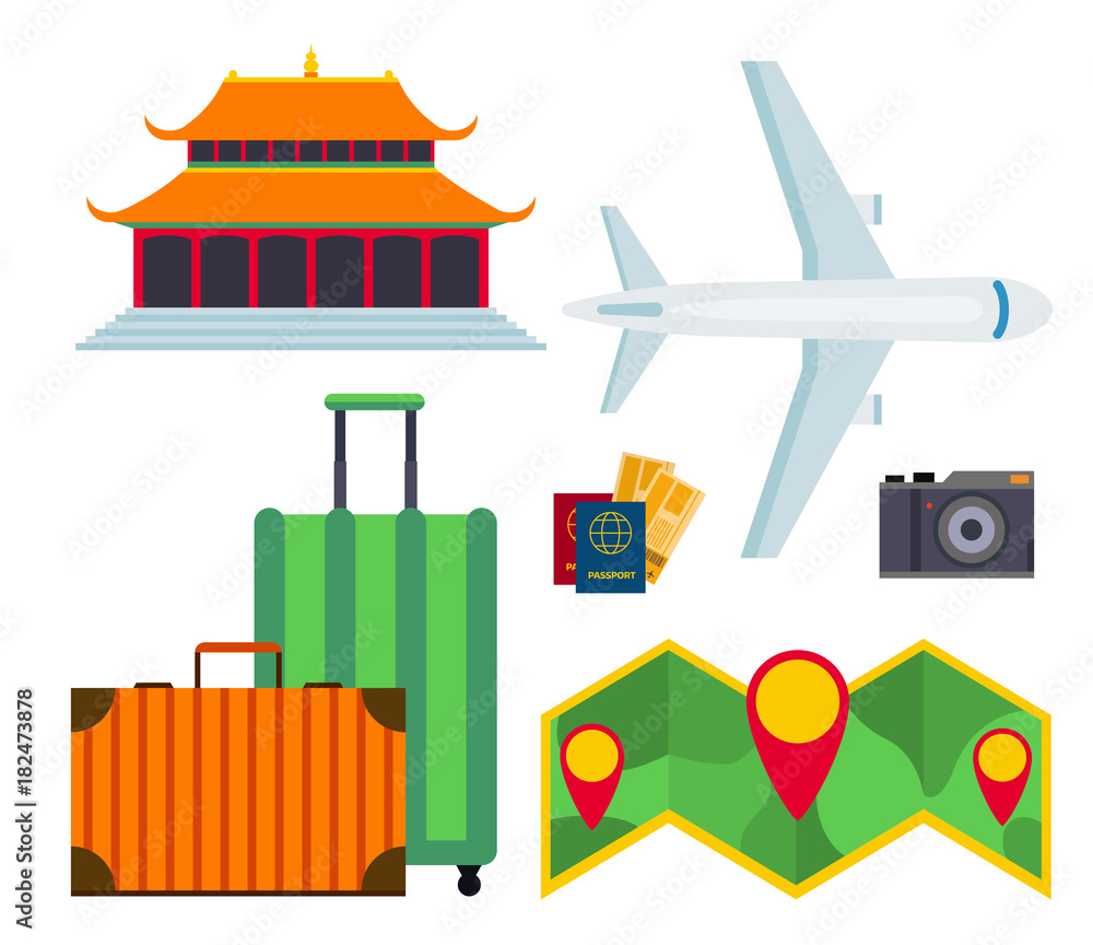 Travel vector icons flat tourism vacation place tourist attractions travelers illustration.