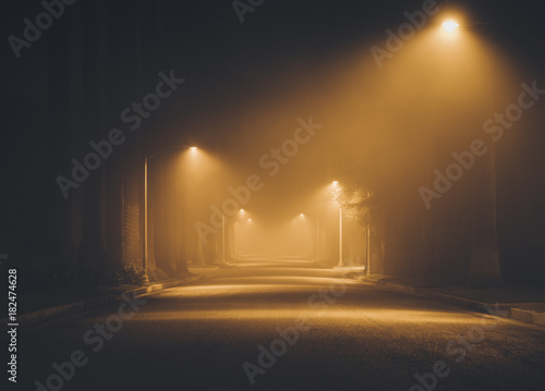 Night street in the fog.  L...
