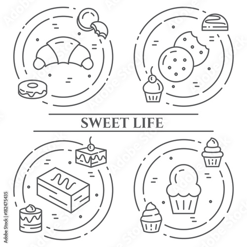 Cakes and cookies theme horizontal banner. Pictograms of pie, brownie, biscuit, tiramisu, roll and other dessert related elements Line out symbols Simple silhouette Editable stroke