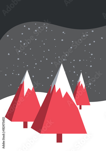 Christmas Card with three red snow covered pyramidal trees. Vector template