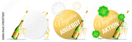 Silvester Neujahr Angebot Vektor Set mit Feuerwerk Sektgläser und Sektflasche