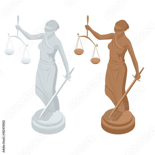 Isometric statue of god of justice Themis or Femida with scales and sword. Symbol of law and justice. Flat icon vector illustration.