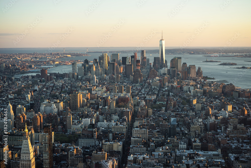 Aerial view of Skyscrapers in Downtown and Lower Manhattan NYC