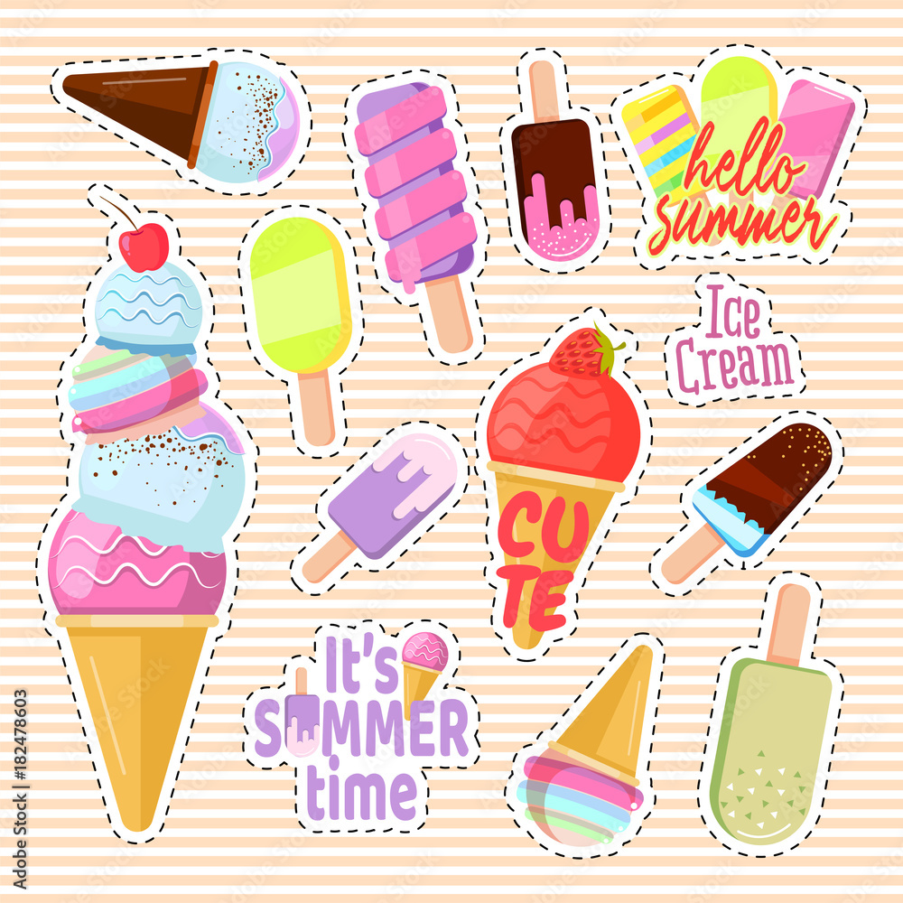Set of cute ice cream in the form of a retro patches Set of cute ice cream in the form of a retro patches