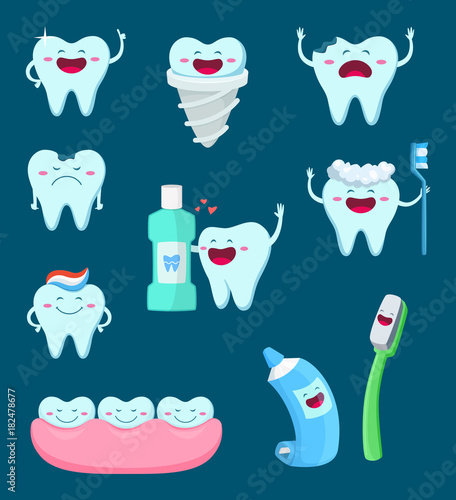 Vector characters set of funny teeth and toothbrush. Cartoon mascot illustrations