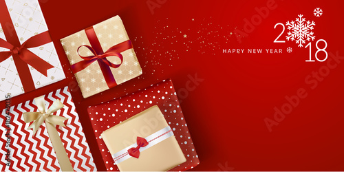 Vector illustration of New Year 2018 greeting card. Design template for greeting card, web banner, flayer brochure, party invitation card.