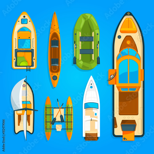 Speed motor boat, sea ship, yacht and other marine transport. Vector pictures set top view