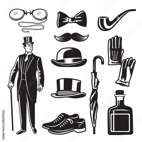 Victorian style monochrome illustrations for gentleman club. Vector pictures set