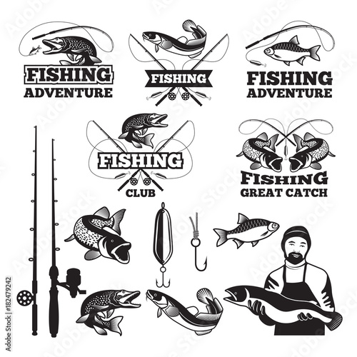 Vintage labels set for fishing club. Vector logos templates