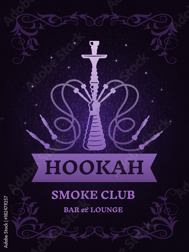 Poster for smoke club with illustration of hookah. Vector template with place for your text