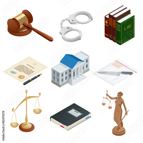 Isometric icons of isolated public justice symbols. Lawbook, handcuff, judge gavel, scales, paper, Themis. Vector illustration