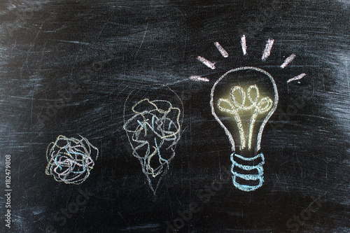 Chalkboard with Chalk Drawing of Hanging Light Bulb. Bright idea on blackboard concept. Way of thinking, birth of idea. Creative, bright, interesting idea. Eureka, thought, flash, inspiration. photo