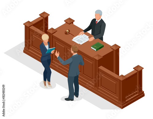 Isometric symbol of law and justice in the courtroom. Vector illustration judge bench defendant attorneys audience. Courtroom proceedings.