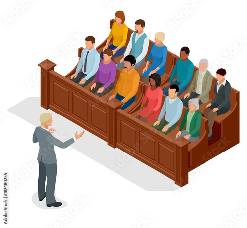 Isometric symbol of law and justice in the courtroom. Vector illustration judge bench defendant attorneys audience. Courtroom proceedings.