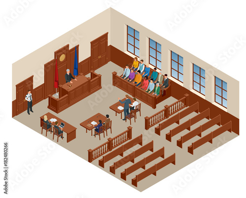 Isometric symbol of law and justice in the courtroom. Vector illustration judge bench defendant attorneys audience. Courtroom proceedings