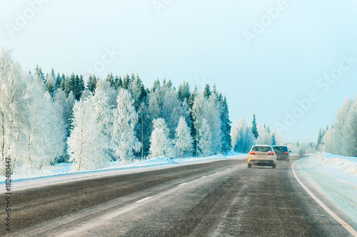 Cars on road at winter Rovaniemi