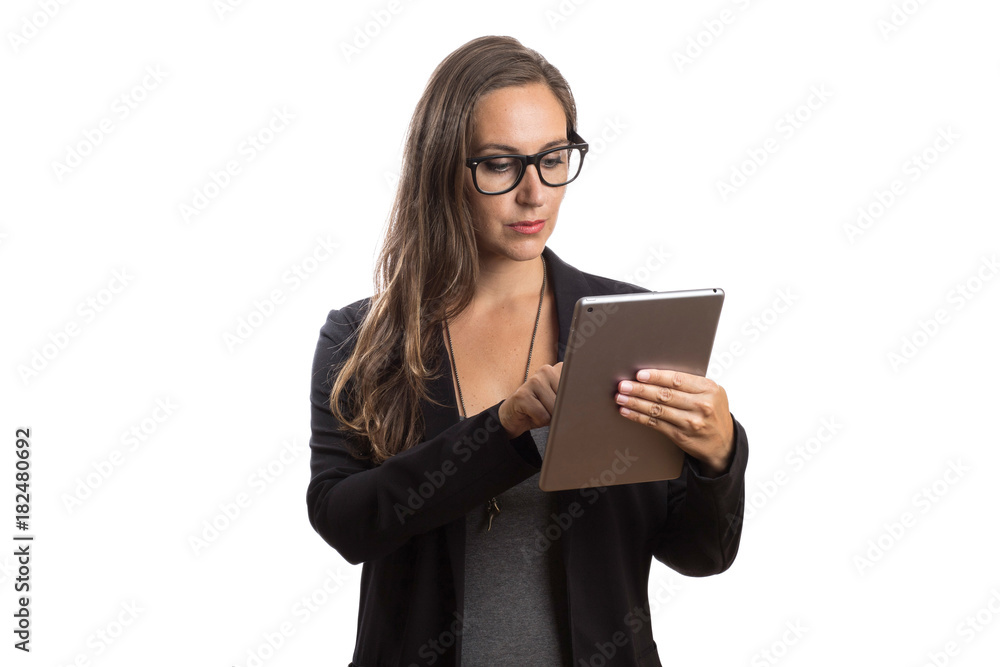 Woman holding tablet touch pad in white background young female intellectual secretary at work. Woman holding tablet touch pad in white background young female intellectual secretary at work.