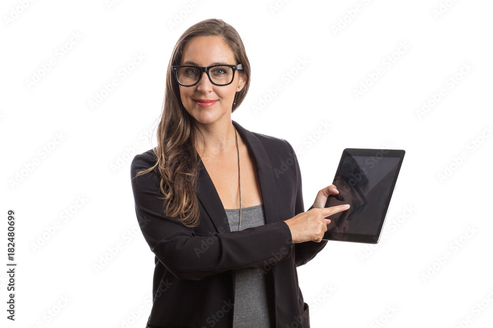 Woman holding tablet touch pad in white background young female intellectual secretary at work. Woman holding tablet touch pad in white background young female intellectual secretary at work.