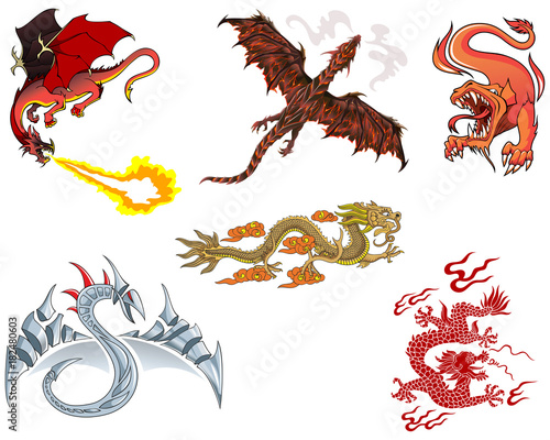 Set of different dragons, European and Asian, vector illustration