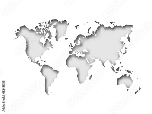 Map of World cut into paper with inner shadow isolated on grey background. Vector illustration with 3D effect.