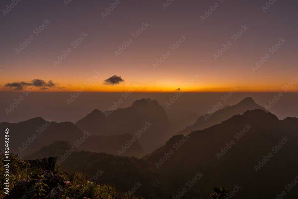 sunset over the Chiang Dao mountain,famous mountains in Chiang Mai, Thailand. 