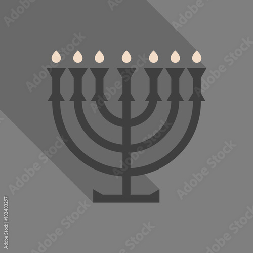Menorah 9 candle candelabrum vector illustration. Holiday of Hanukkah element. Jewish symbol for celebration of Chanukah or Festival of Lights. Feast of Dedication lamp icon or festivity item.