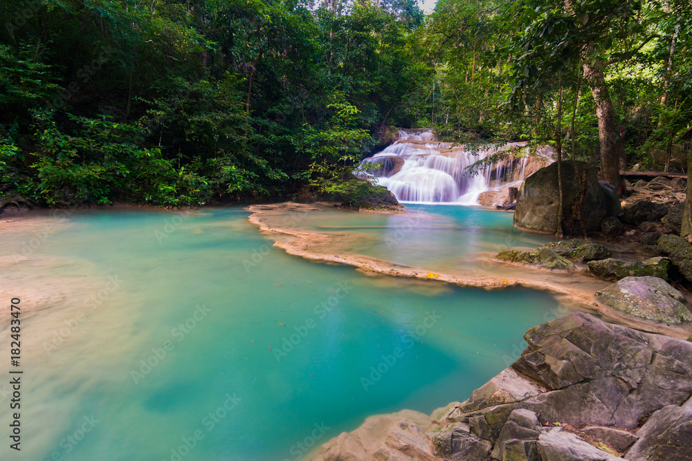 Landscape photo. Waterfall beautiful in southeast asia. Erawan waterfall kanchanaburi Thailand
