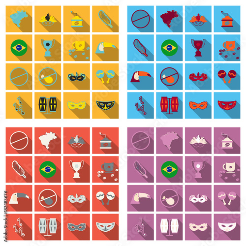Brazil icons collection. Vector illustration with Brazilian culture and nature icons, including toucan, in carnival costume and in trendy flat style.